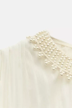 ZARA ТОП С ИСКУССТВЕННЫМ ЖЕМЧУГОМ НА ГОРЛОВИНЕ, ЭКРЮ