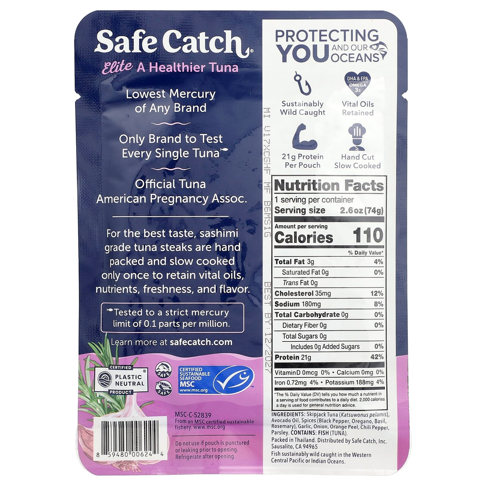 Safe Catch, Wild Elite Pure Tuna, чеснок и травы, 74 г (2,6 унции)