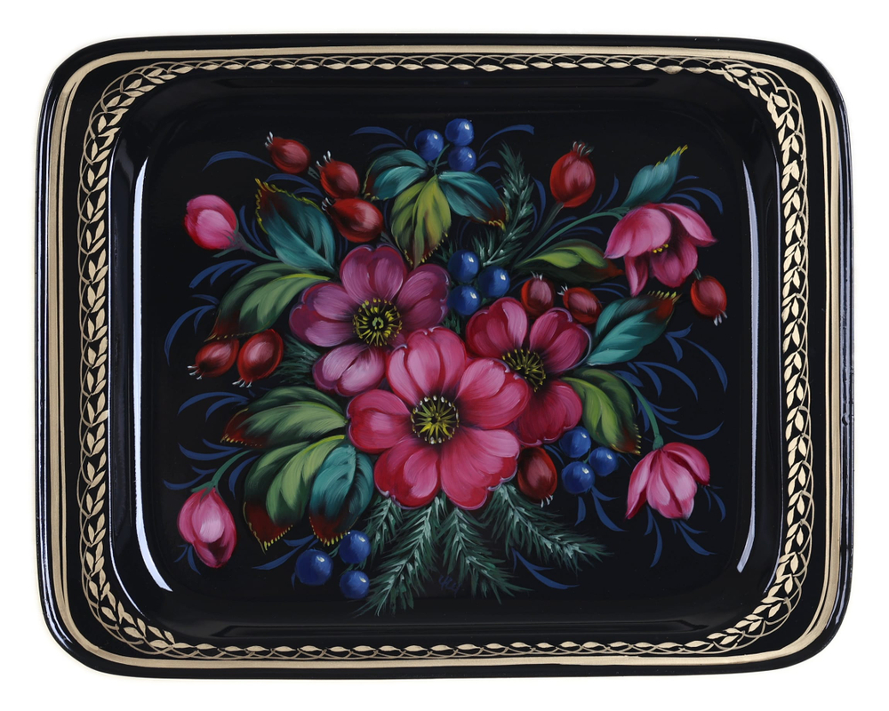 Жостовский поднос декоративный, размер 33х26 см (A13), металлический