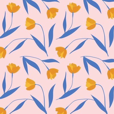 оранжевые цветы с синими листьями на розовом.