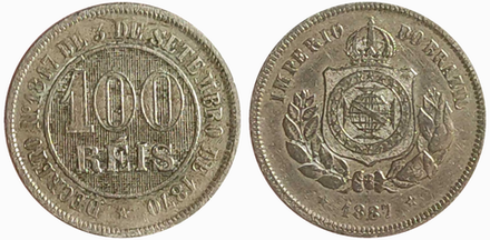 Бразилия 100 реалов, 1886 - 1889 Герб VF