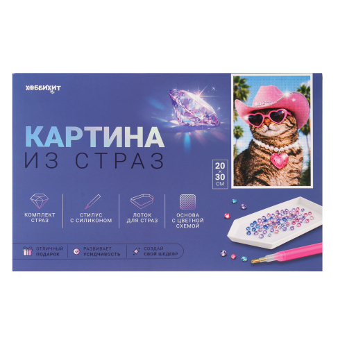 ХОББИХИТ Картина из страз, комплект (стразы, основа, палочка), 20х30см, 10 дизайнов