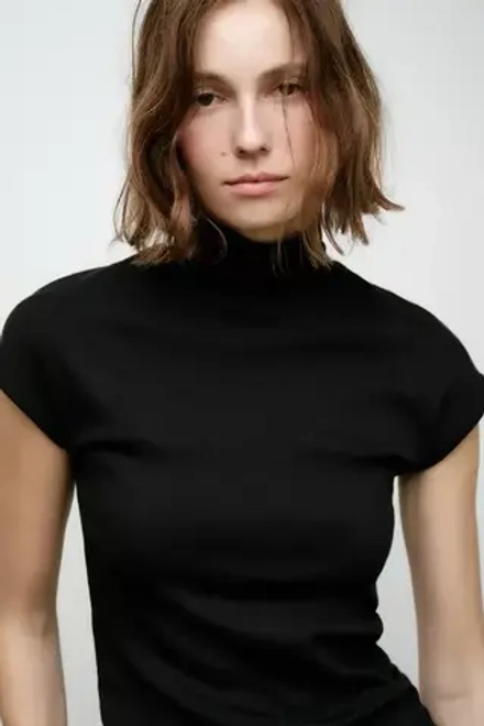 ZARA ТОП В РУБЧИК С ВОРОТНИКОМ-СТОЙКОЙ, ЧЕРНЫЙ