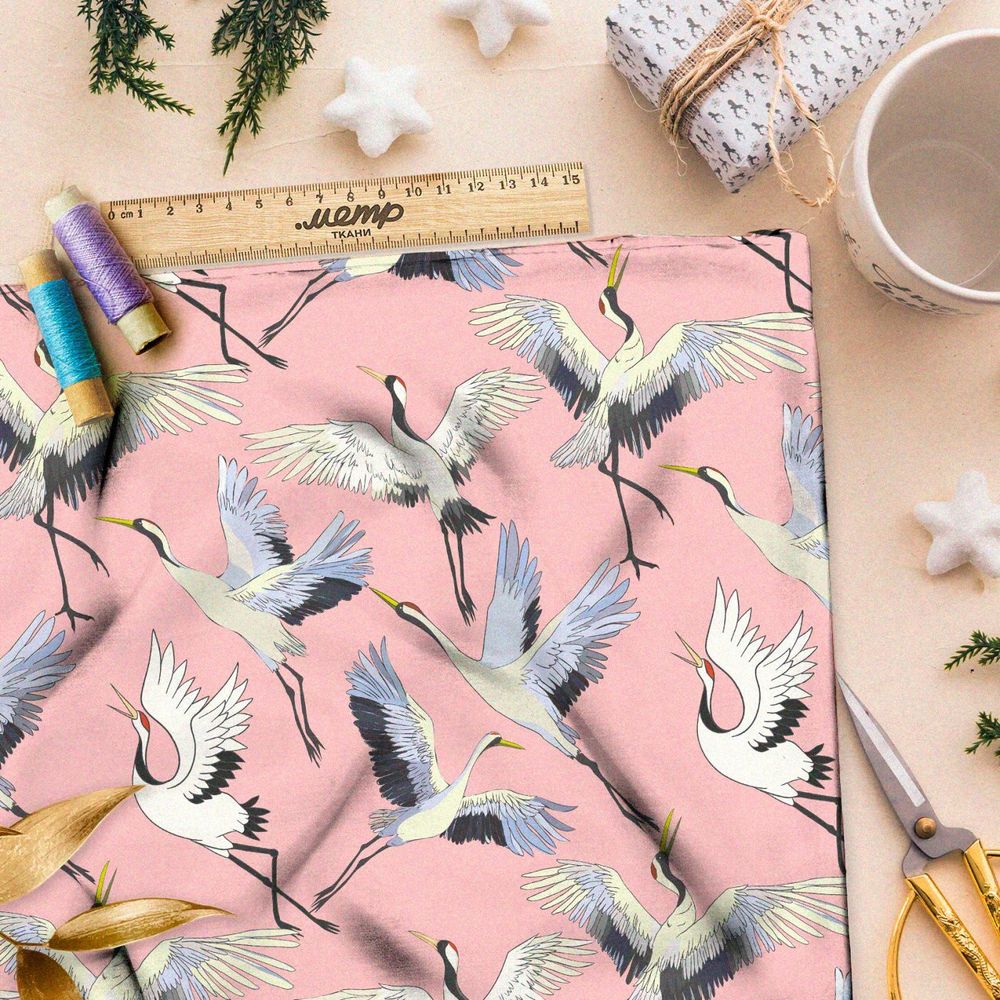 Ткань премиум интерлок журавли на розовом