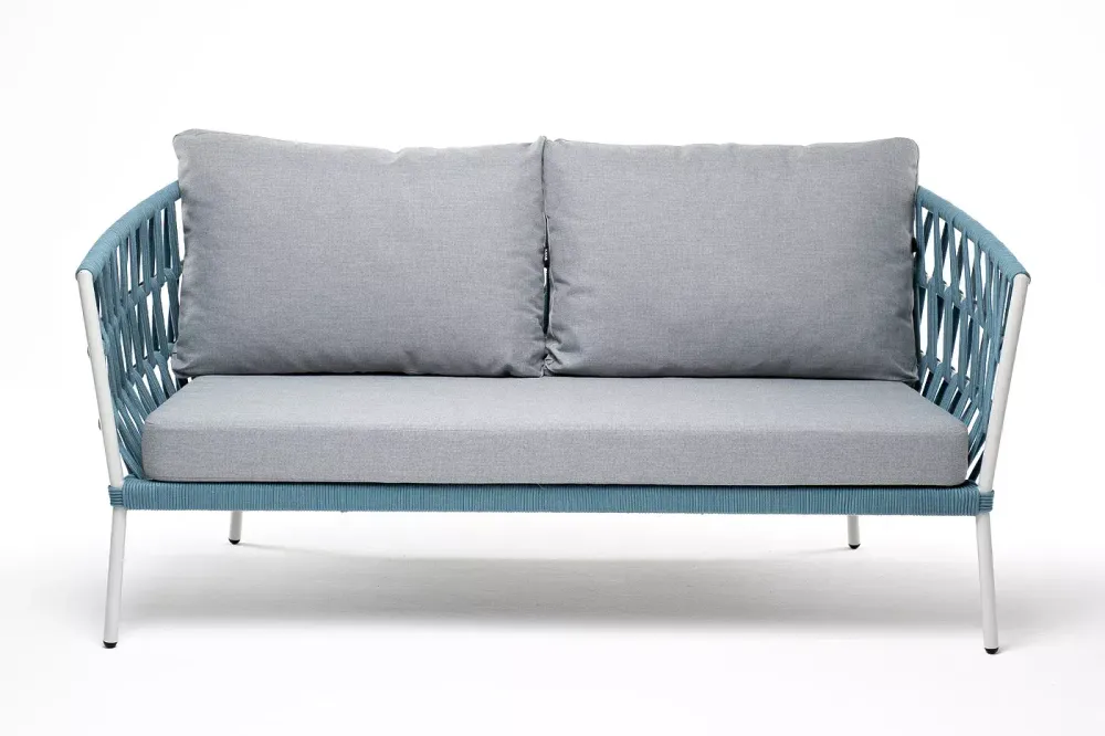 "Диего" диван 2-местный плетеный из роупа, каркас алюминий светло-серый (RAL7035) муар, роуп бирюзовый круглый, ткань светло-серая