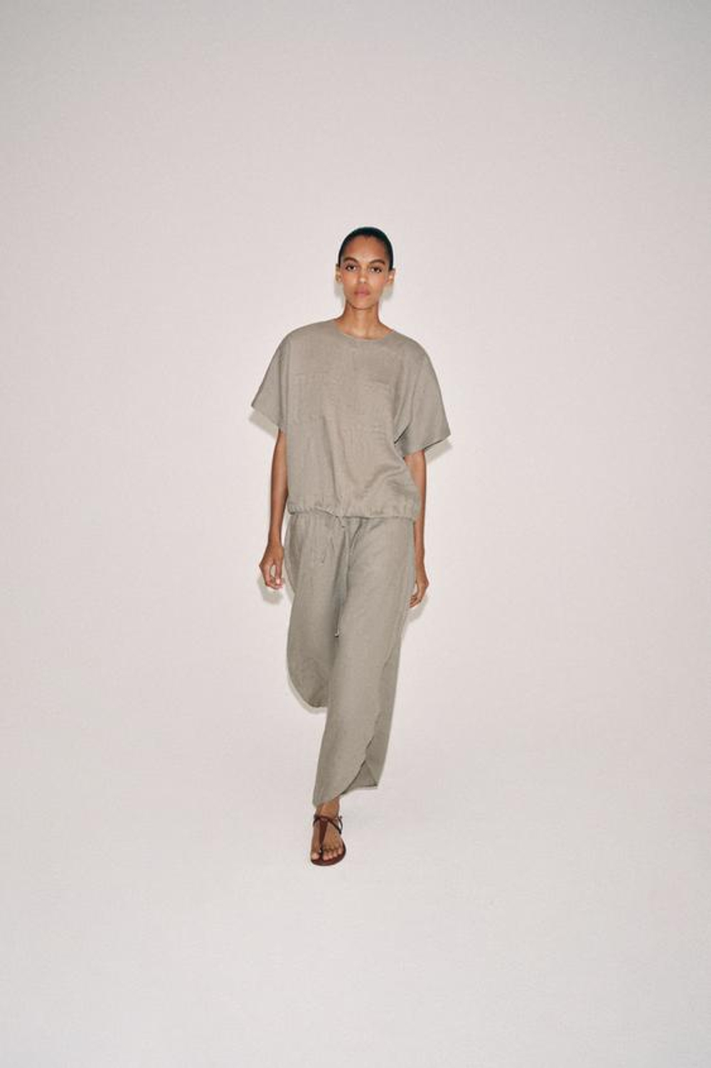 ZARA ТОП ИЗ 100% ЛЬНА НА ШНУРКАХ — ZW COLLECTION, СЕРОВАТО-КОРИЧНЕВЫЙ