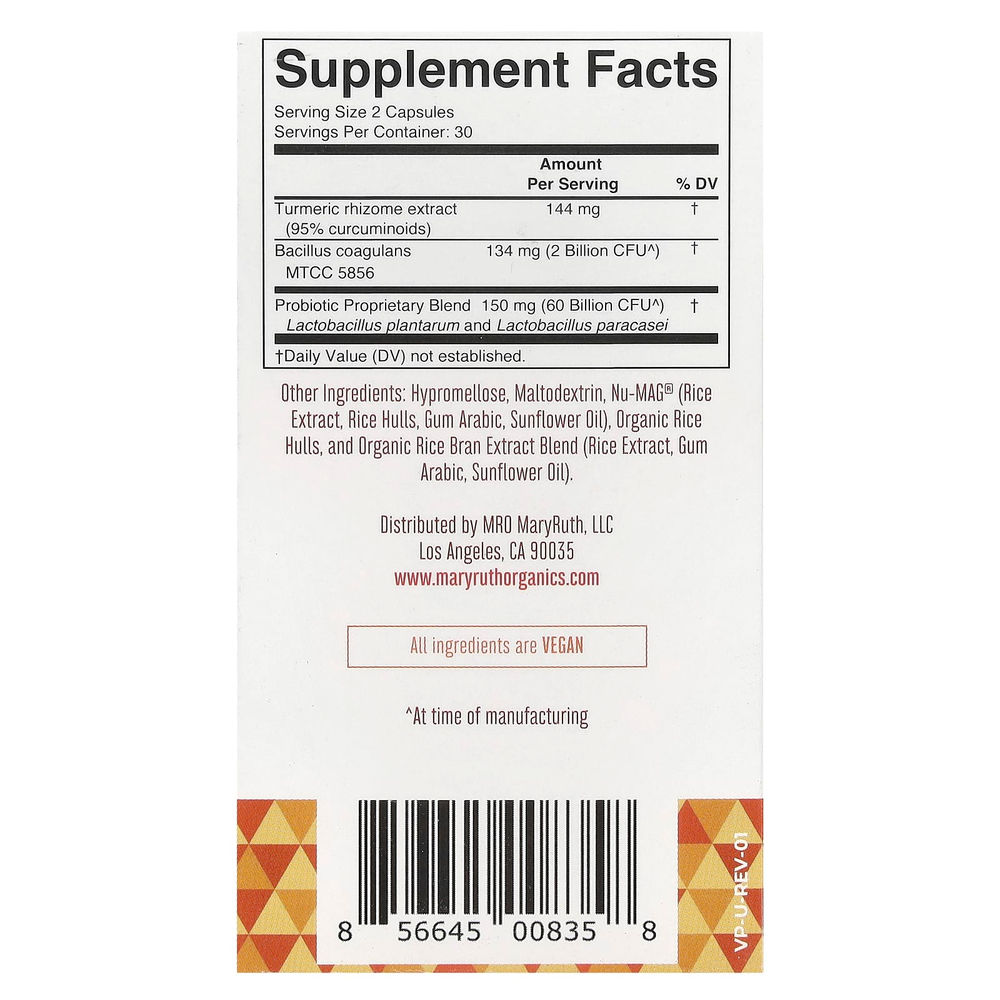 MaryRuth's, Пробиотик куркума +, 62 млрд КОЕ, 60 капсул (31 млрд КОЕ на капсулу)