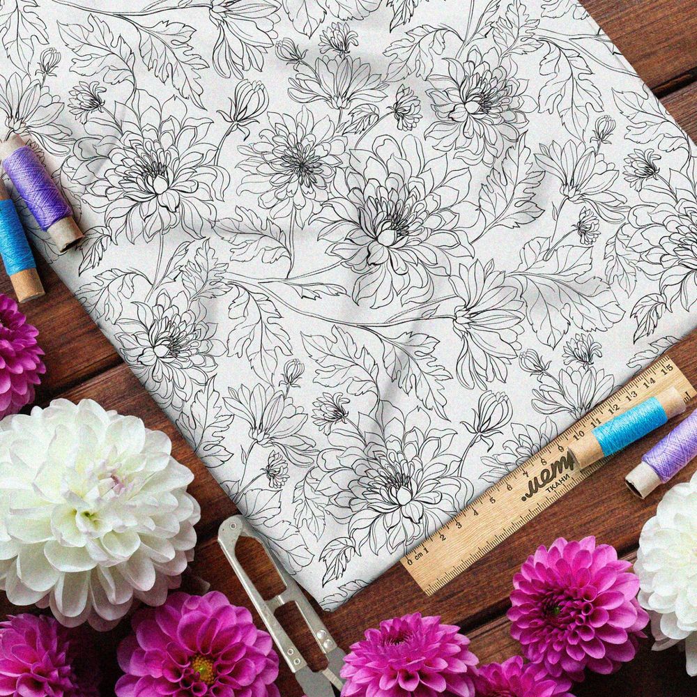 Ткань оксфорд 600 нарисованные георгины на белом фоне