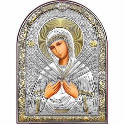 Семистрельная икона Божьей Матери в серебряном окладе.