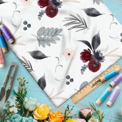 Ткань мембрана бордовые розы с чёрными листьями на белом фоне