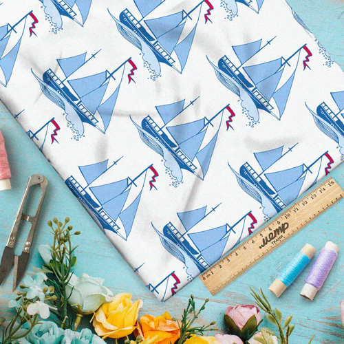 Ткань габардин синие корабли на белом фоне