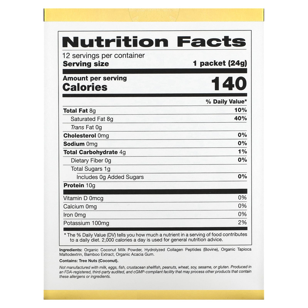 California Gold Nutrition, Superfoods, кокосовые сливки с коллагеном, с органическим сухим кокосовым молоком и пептидами гидролизованного коллагена, без подсластителей, 12 пакетиков по 24 г (0,85 унции)