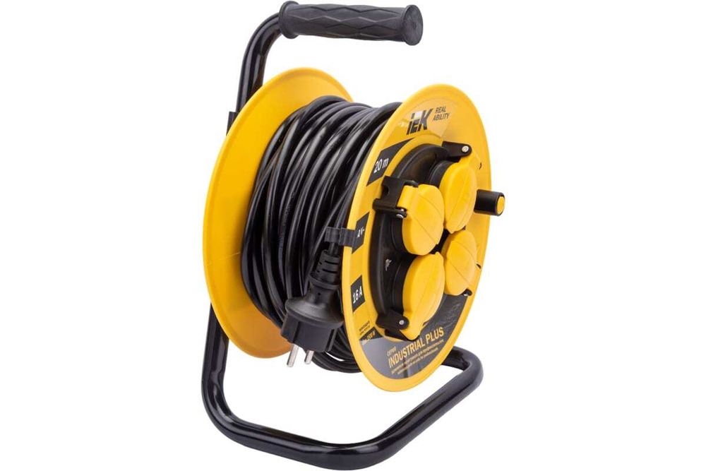 Удлинитель силовой на катушке с термозащитой 4 места 3500Вт 20м 3х1,5мм2 IP44 INDUSTRIAL PLUS IEK