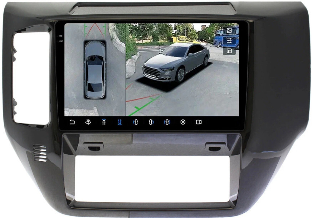 Магнитола для Nissan Patrol Y61 2004-2010 (рамка черная глянцевая) - FarCar BX3260M-360 монитор 9.5" 2K QLED на Android 13, 6Гб+128Гб, CarPlay, 4G SIM-слот, 4 камеры в комплекте