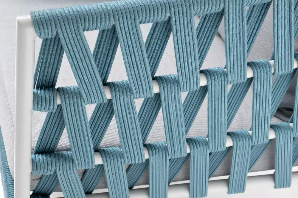 "Диего" кресло плетеное из роупа, каркас алюминий светло-серый (RAL7035) муар, роуп бирюзовый круглый, ткань светло-серая