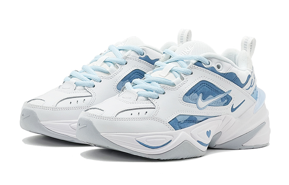 [Customized sneakers] Nike M2K Tekno white Love Day blue love camouflage retro increased low-cut daddy shoes men and women with the same blue and white