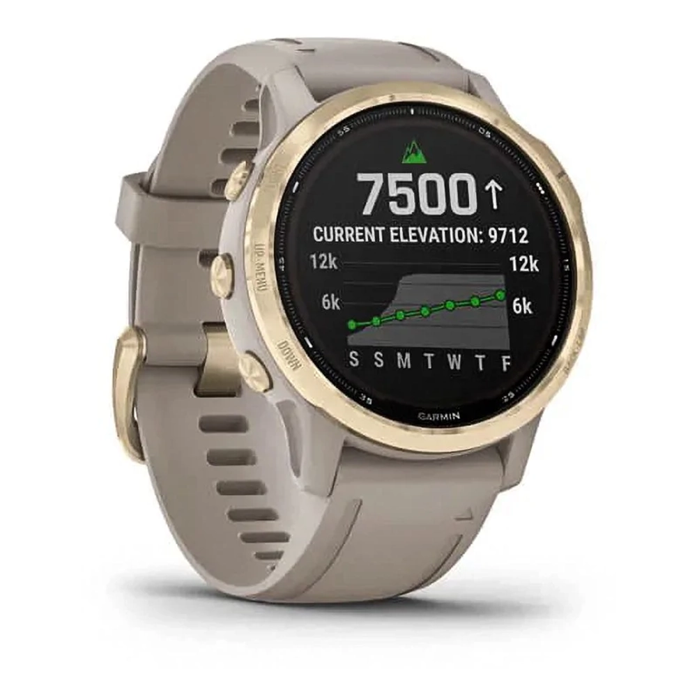 Спортивные наручные часы Garmin Fenix 6s Pro Solar золотистый с песочным ремешком 010-02409-11