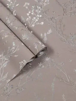 Обои Винил на флизелине 10 м, серебряные веточки на фактуре окрашенной ТАУП стены, прованс, флористика для спальни, гостиной