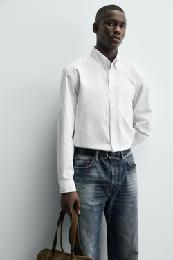 ZARA РУБАШКА ИЗ МЯГКОГО ХЛОПКА, БЕЛЫЙ/НЕБЕСНО-ГОЛУБОЙ