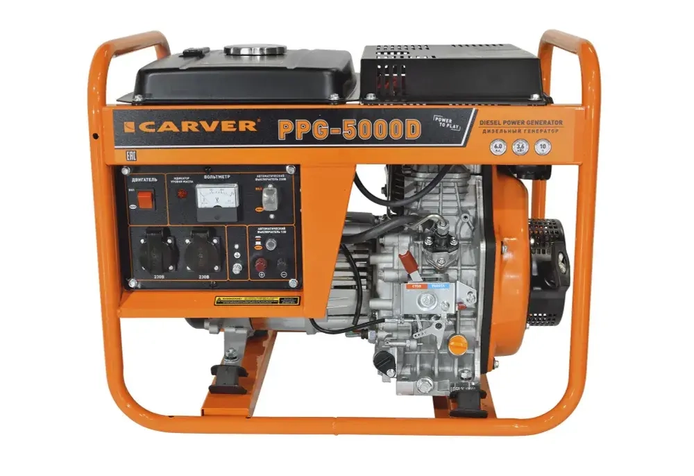 Генератор дизельный CARVER PPG - 5000D (LT-178F, 3.3/3.6 кВт, 220 В, бак 12.5 л, медь) Бензогенератор / резервное питание