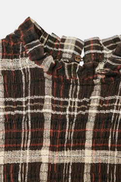 ZARA РУБАШКА В КЛЕТКУ С ЭЛАСТИЧНЫМ ЖАТЫМ УЗОРОМ, КОРИЧНЕВЫЙ/ЭКРЮ