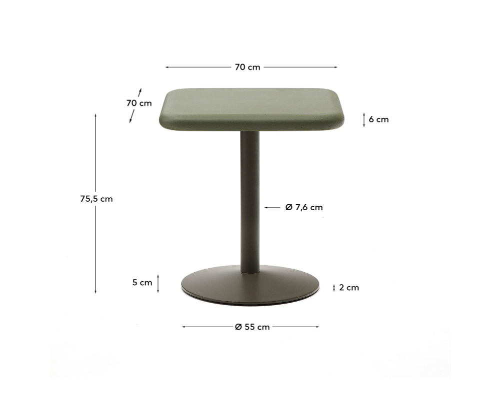 Уличный стол Esilda зеленый из цемента и стали со столешницей 70х70 см