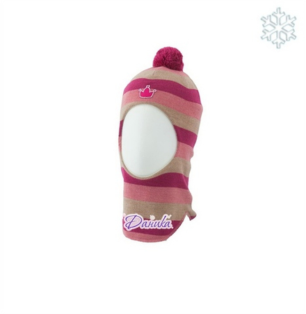 Шлем зима ЯрДаника розово-бежевый  в широкую полоску с помпоном