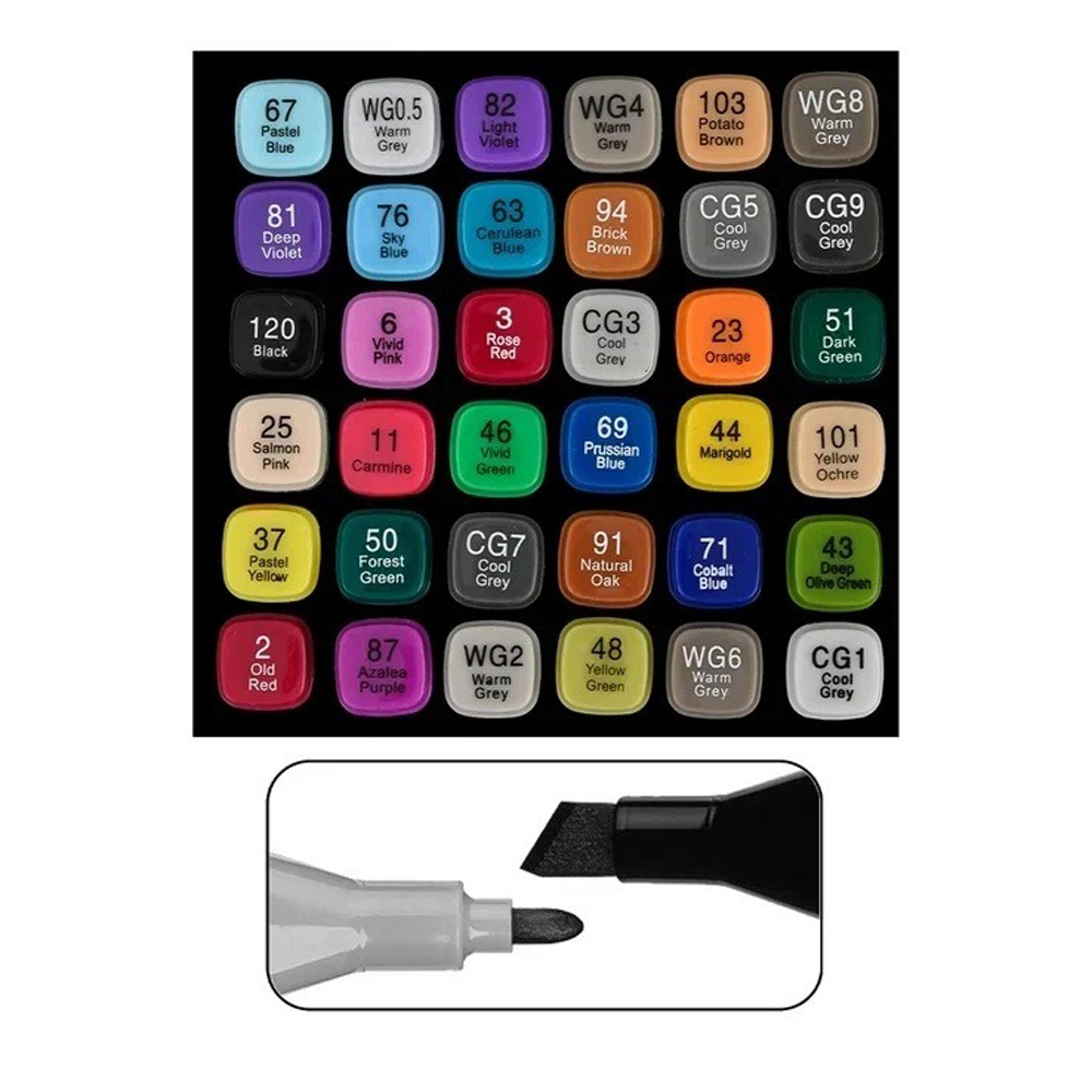 Маркер для скетчинга, двусторонние, Basir, четырехгранные, спиртовые, 36 шт