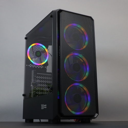 Корпус BaseTech eXtreme GFX-03, БП:600W, ATX, чёрный, 4xFRGB FAN, 2xUSB2, 1xUSB3, бок: закалённое стекло (BT-GFX-03-MESH-4F-RGB-600W)