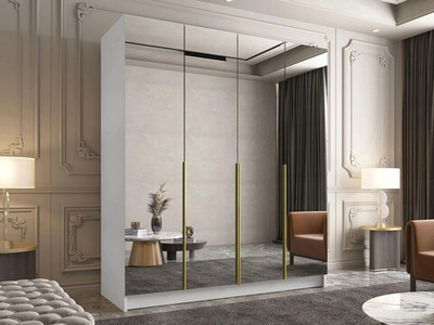 Четырехсекционный шкаф Элли с 4 зеркалами (ручки матовое золото) Белый снег 8685 BS  220*60*220