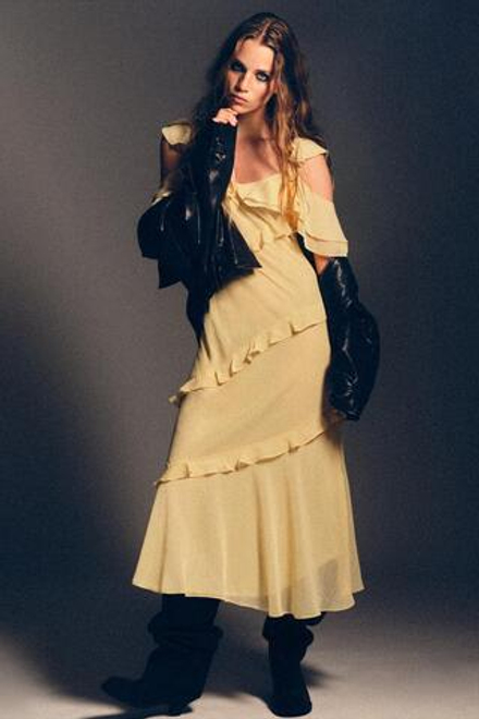 ZARA КОМБИНИРОВАННОЕ ПЛАТЬЕ С ВОЛАНАМИ, ЖЁЛТЫЙ