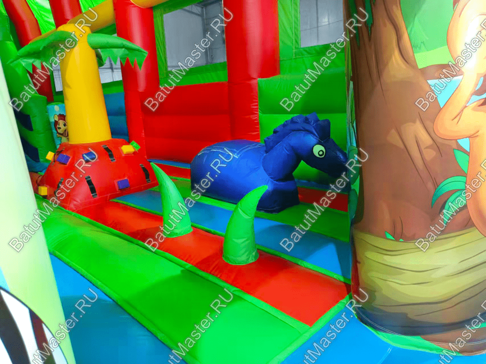 Надувной батут "Страна Сафария" с крышей и высокими горками,зеленый, 11*6*6