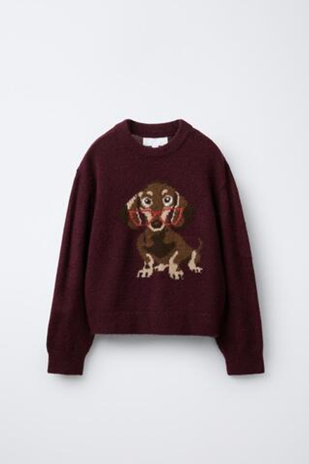 ZARA ВЯЗАНЫЙ СВИТЕР С ВЫШИВКОЙ СОБАКИ, БУРГУНДИ