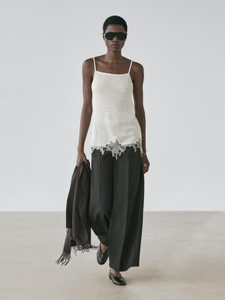 Massimo Dutti Топ в бельевом стиле с кружевом, натуральный/кремовый