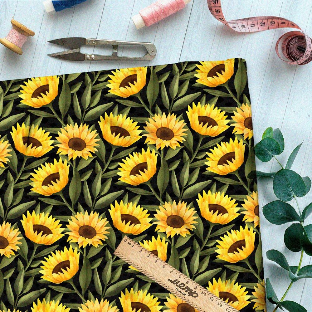 Ткань шелк Армани яркие подсолнухи на чёрном фоне