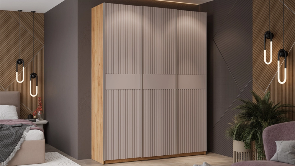 Шкаф-купе Оскар Хилтон 3-х дверный 177 дуб крафт золотой / кашемир сатин / ручка серебро