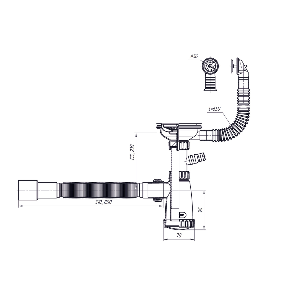 Сифон 3 1/2*40 с носиком, с круглым переливом, с гофрой 40*40*50 (800мм) BKG3080W ИНКОПЛАСТ