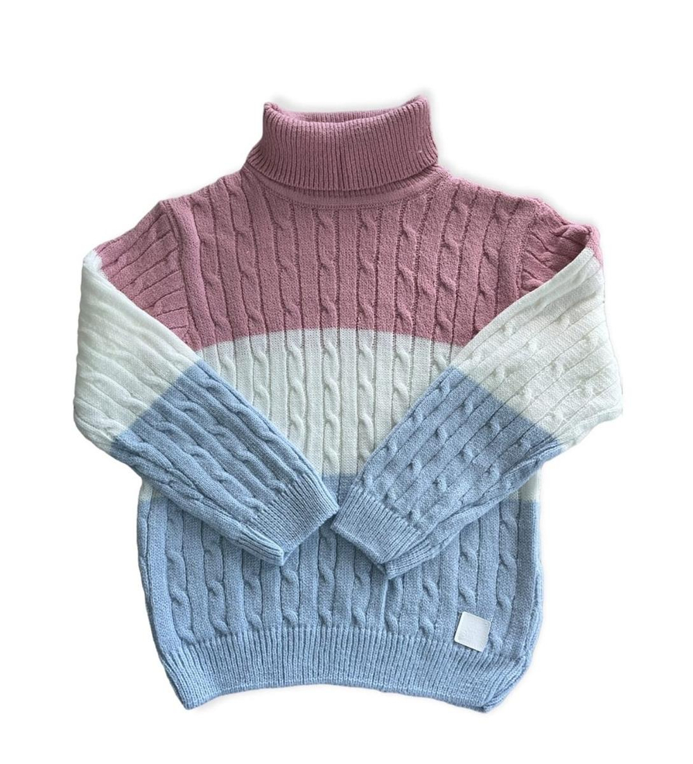 Свитер для девочек "Косики полосатик" р-р 146, розовый/молочный/серый 1763