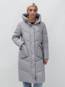 Пальто утепленное стеганное зимнее с капюшоном женское серого цвета 9639Sr