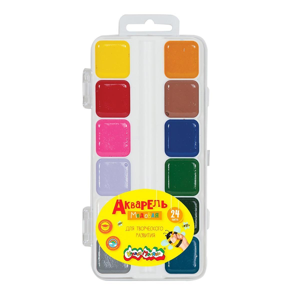 Акварель медовая 24 цвета, с кисточкой "Зверята" (Каляка-Маляка)