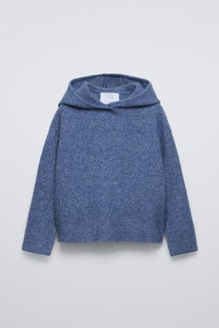 ZARA ОДНОТОННЫЙ СВИТЕР С КАПЮШОНОМ, ГЛУБОКИЙ СИНИЙ