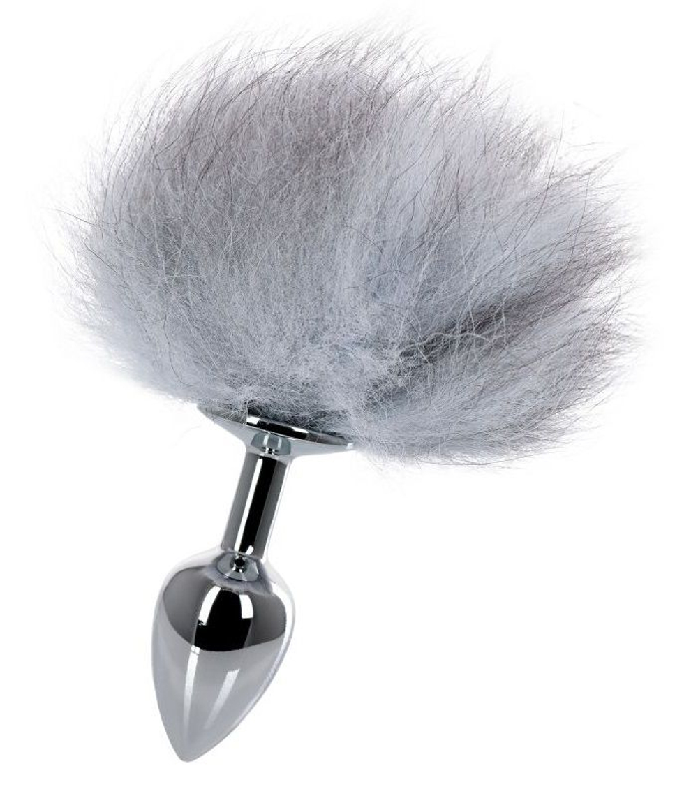 Серебристая анальная втулка с серым заячьим хвостом (Цвет: серый)