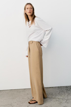 ZARA ПРЯМЫЕ БРЮКИ С ПОЯСОМ, ПЕСОЧНЫЙ
