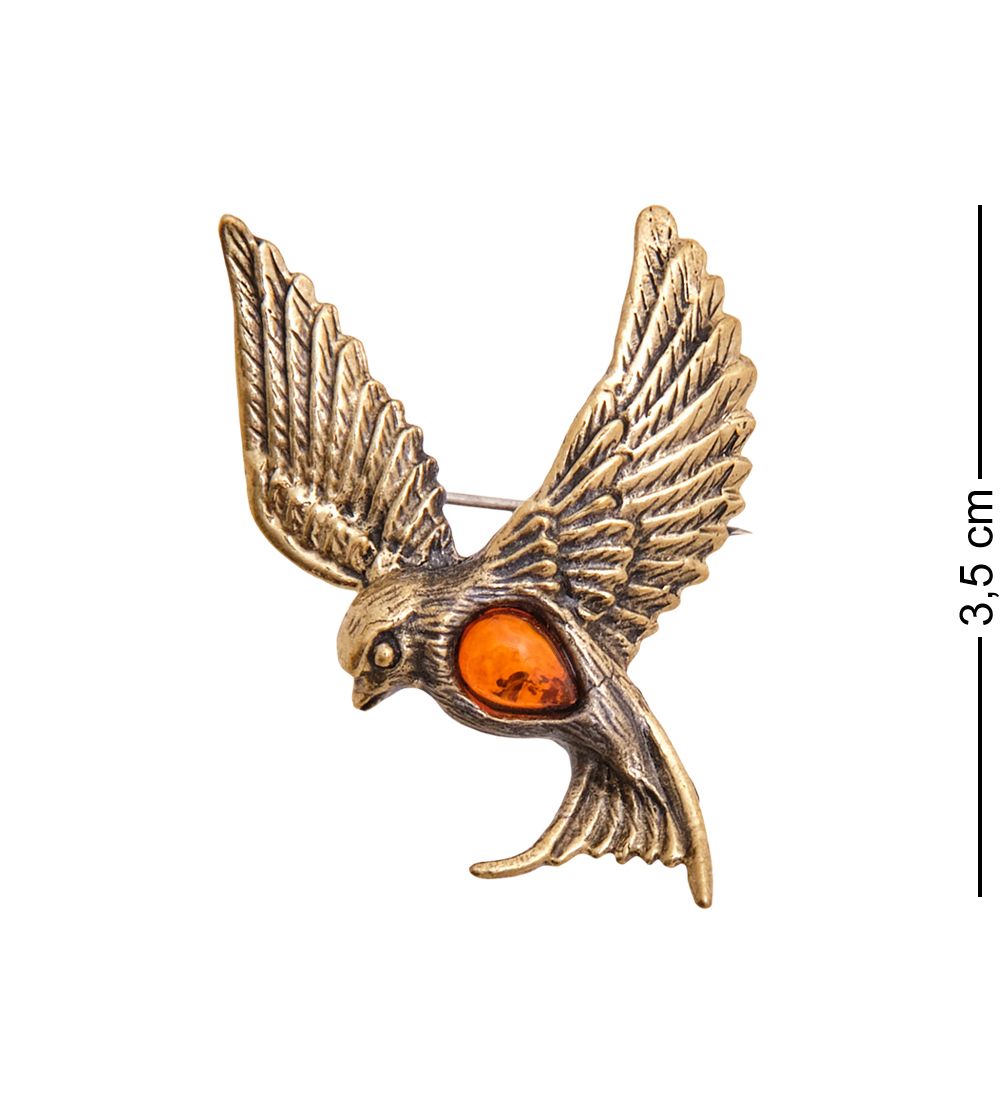 AM-3474 Брошь «Ласточка на высоте» (латунь, янтарь)