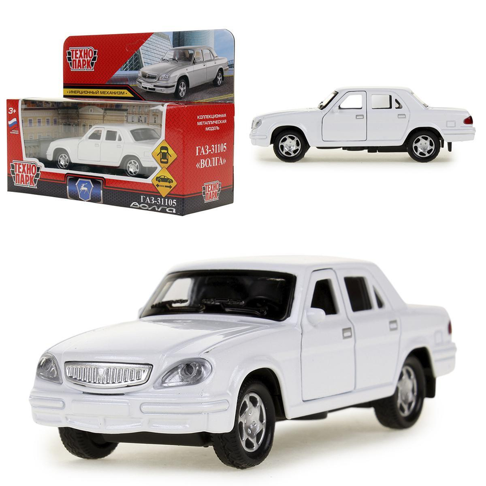 Модель ин. мет. "ГАЗ-31105 Волга" 12см, двери, багаж, белый, коробка 3110-12-WH (Технопарк)