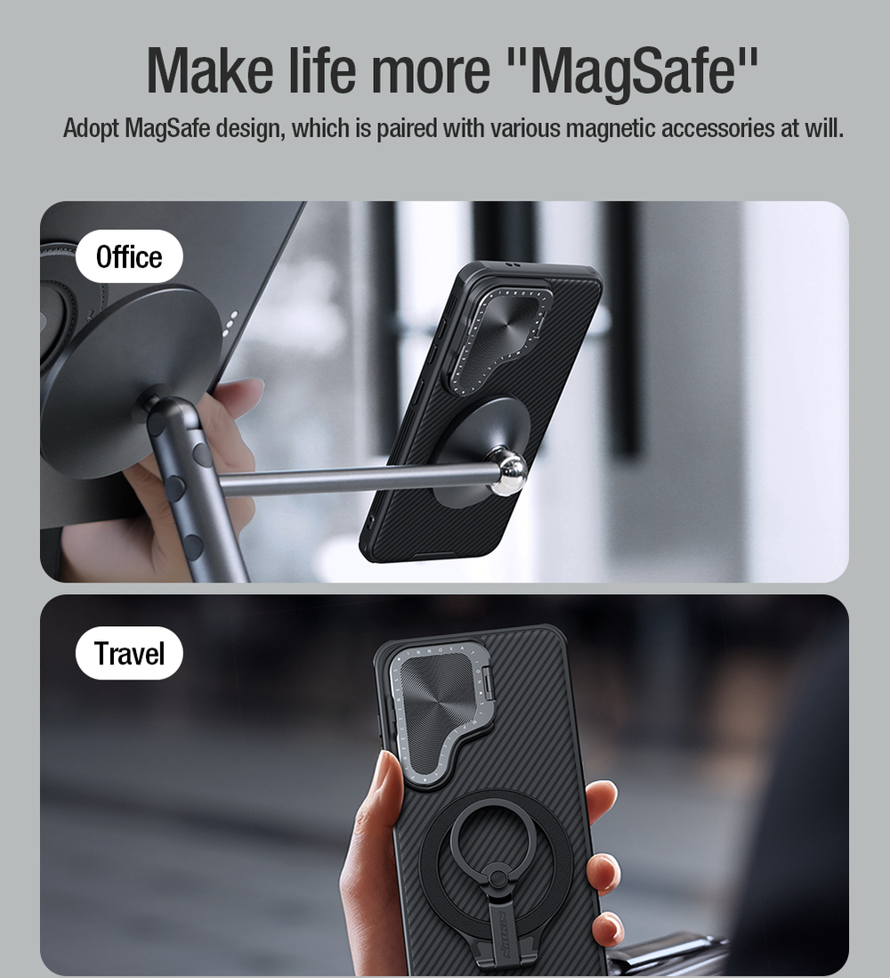 Чехол от Nillkin на Samsung Galaxy S24+ Plus с металлической откидной крышкой и поддержкой магнитной беспроводной зарядки MagSafe, серия CamShield Prop Magnetic Case