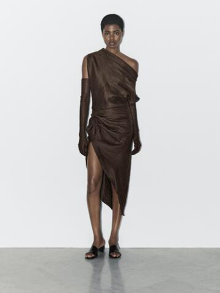 Massimo Dutti Топ с драпированным вырезом и сборками - STUDIO, коричневый