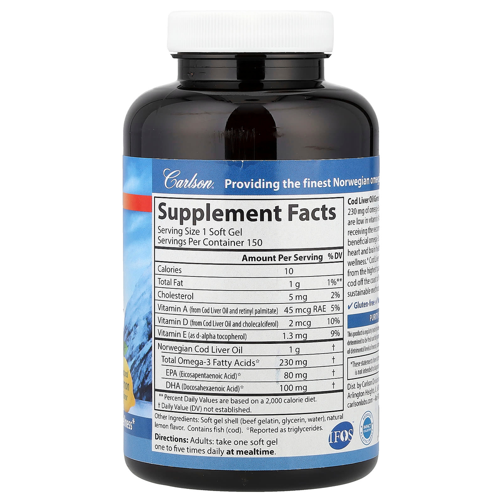 Carlson, Wild Norwegian, масло печени трески с драгоценными камнями, с низким содержанием витамина А, натуральный лимонный вкус, 230 мг, 150 мягких таблеток