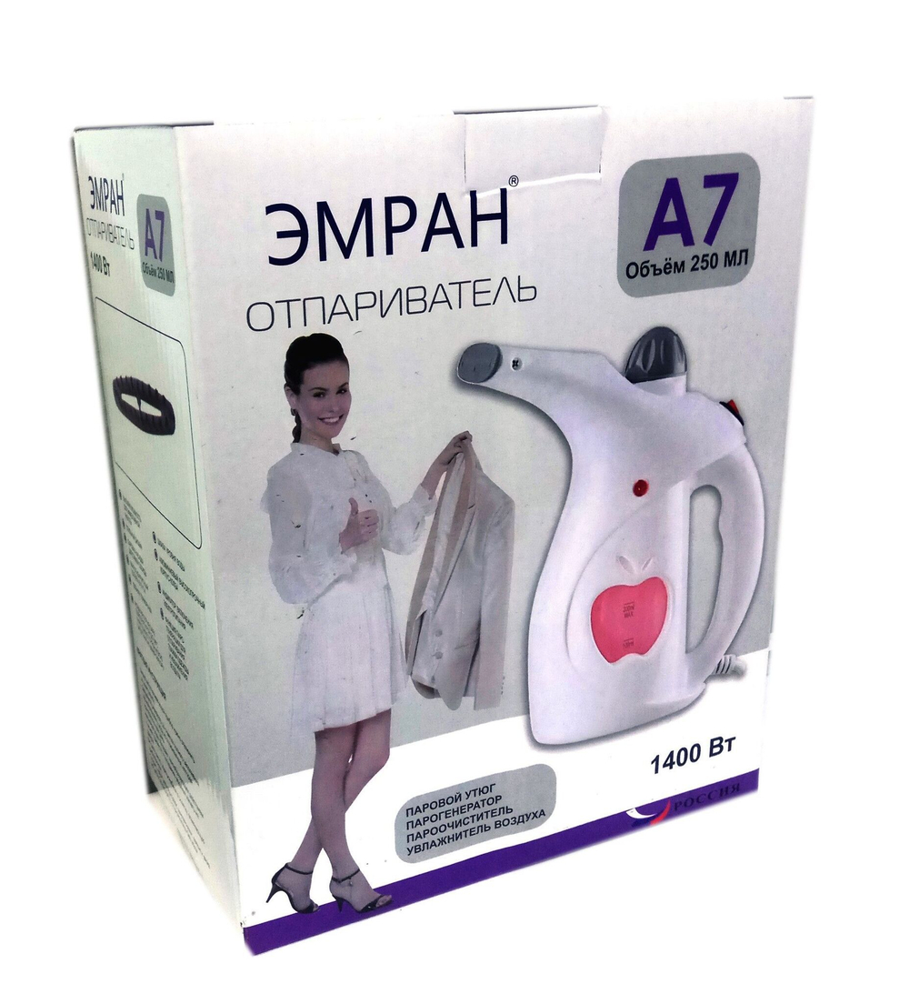Ручной отпариватель одежды,  парогенератор ЭМРАН А7 с насадкой, 1400Вт, 250мл, цвет белый