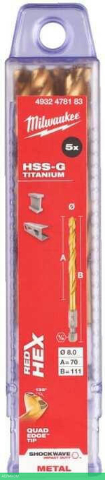 Сверло по металлу Milwaukee RedHEX HSS-TiN 8мм 5шт (4932478183)